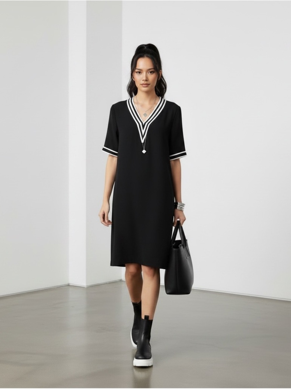 Rag & Bone Black Triacetate Shift Dress | Varsity V-Neck Stripe | SIZE S